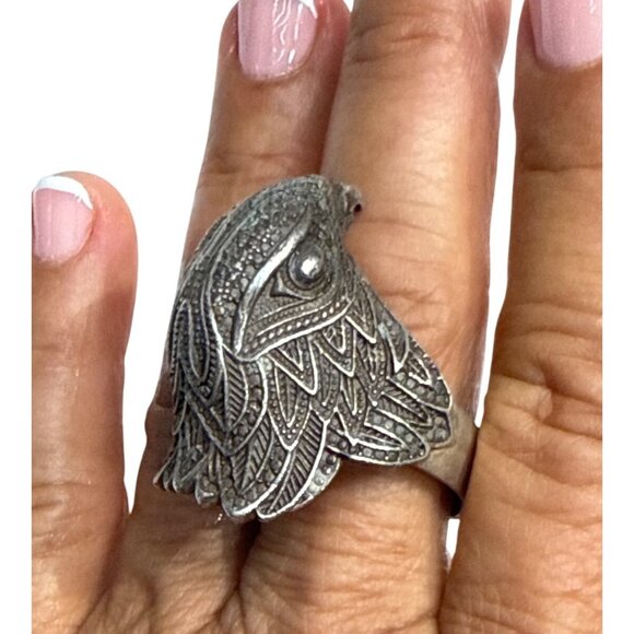 Sterling Silver Hand Carved Eagle Head Very Large Men's Ring Size 18? Beautiful - Picture 1 of 11